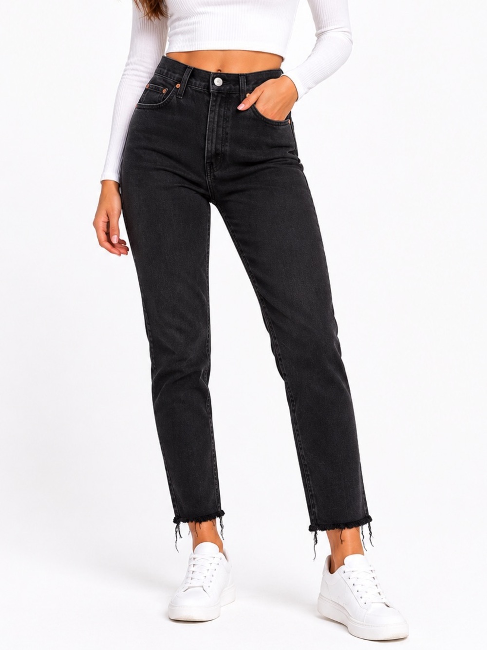 RE/DONE Originals High Rise Crop Skinny Jeans Black Raw Hem Size 25 💛